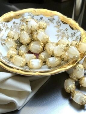 Rare Etruscan Beaded Necklace And Victorian Trinket Dish w/ 22K Gold Trim